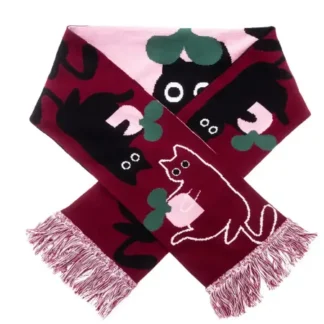 Add a playful touch to your style with Cat - Organic: a maroon, pink, and green scarf featuring cat and leaf illustrations in black, white, and green&mdash;ideal for bold accessorising or unique finds from your Tallinn shopping adventure. Gate21.ee