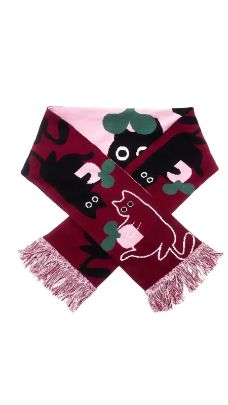 Add a playful touch to your style with Cat - Organic: a maroon, pink, and green scarf featuring cat and leaf illustrations in black, white, and green—ideal for bold accessorising or unique finds from your Tallinn shopping adventure. Gate21.ee