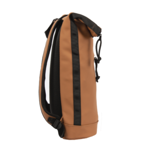 The New York Rolltop Backpack - Cognac features a brown and black streamlined side profile, single shoulder strap, drawstring top closure, and minimalist design—ideal for unique finds from Tallinn shopping or your favourite concept store. Gate21.ee