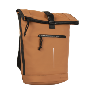 The New York Rolltop Backpack - Cognac features a tan colour with black trim, front zip pocket, and buckle fastening. With minimalist Estonian design and water-resistant material, it's a stylish addition to any gift shop collection. Gate21.ee