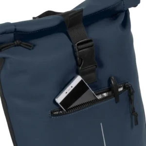 A close-up of the New York Rolltop Backpack - Navy, featuring a rolled top, black buckle, and front zipped pocket partly open to reveal a mobile phone and pen—ideal for Tallinn shopping or bringing your ideas anywhere. Gate21.ee