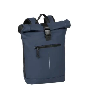 The New York Rolltop Rucksack - Navy features black straps, a black buckle fastening, and a front zipped pocket with a vertical reflective strip. Perfect for Tallinn shopping or exploring concept shops, shown standing upright on a white background. Gate21.ee