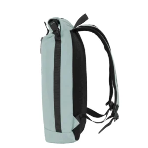 A side view of the New York Rolltop Backpack in Soft Blue with black straps, back padding, sturdy shoulder straps, and a top handle—ideal for Tallinn shopping or discovering unique items at your favourite concept store. Gate21.ee