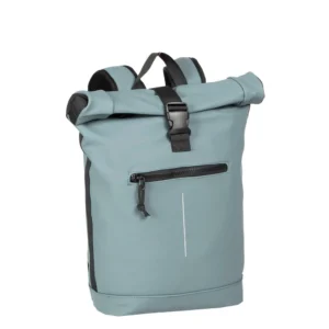 The New York Rolltop Rucksack in soft blue features black straps, a front zipped pocket, black buckle fastening, and a reflective stripe—ideal for shopping in Tallinn or browsing concept shops. Its material appears water-resistant. Gate21.ee