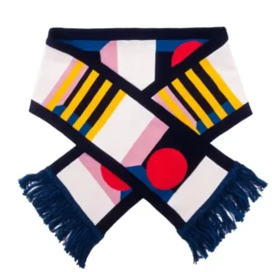 Illusion - Organic: A rectangular scarf with dark blue fringe, featuring an Estonian geometric design—yellow stripes, red circles, pink shapes, and navy borders on white. The perfect accessory to complement your Tallinn shopping finds. Gate21.ee