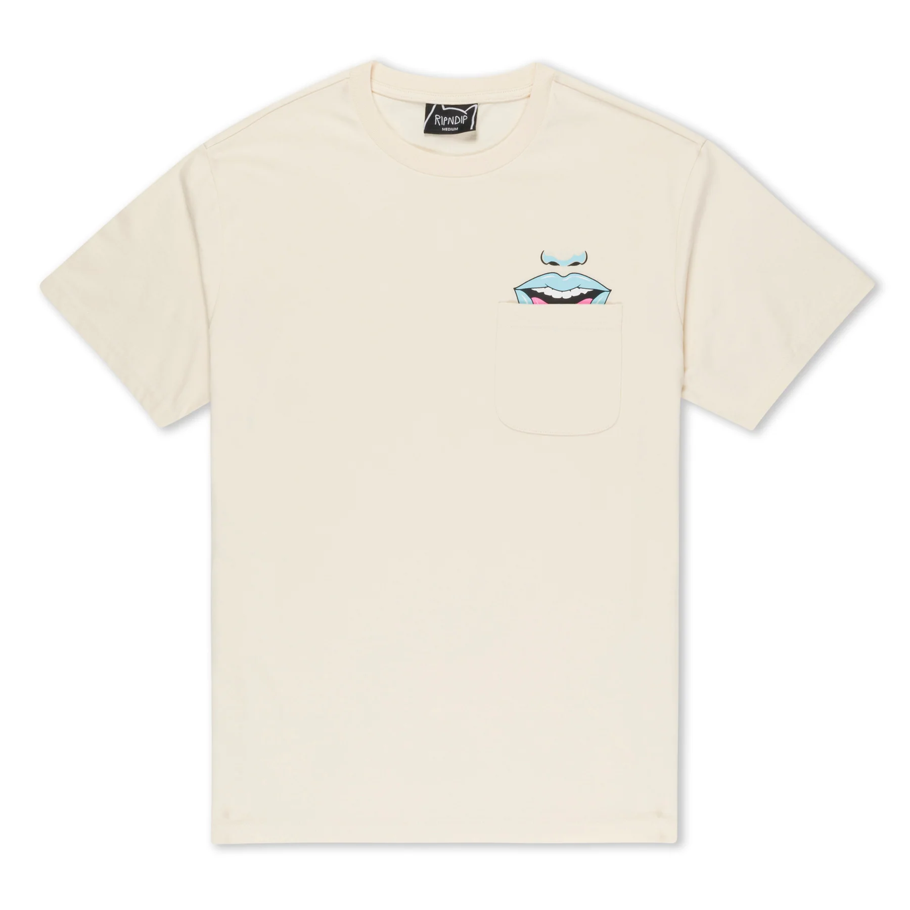 The Take Your Meds Pocket Tee - Natural is a beige short-sleeve t-shirt with a chest pocket, featuring a playful blue lips and moustache graphic—an example of creative Estonian design, ideal for your Tallinn shopping finds. Gate21.ee