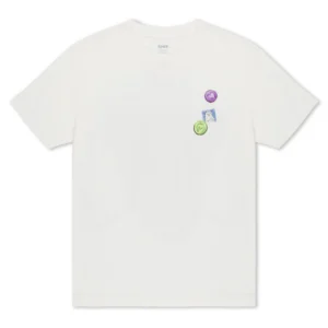The Vitamins Tee - Bone is a plain white short-sleeve t-shirt with three small graphic patches—purple, green, and blue with a face sketch—on the left chest, adding unique flair to your Tallinn shopping finds or gift shop treasures. Gate21.ee
