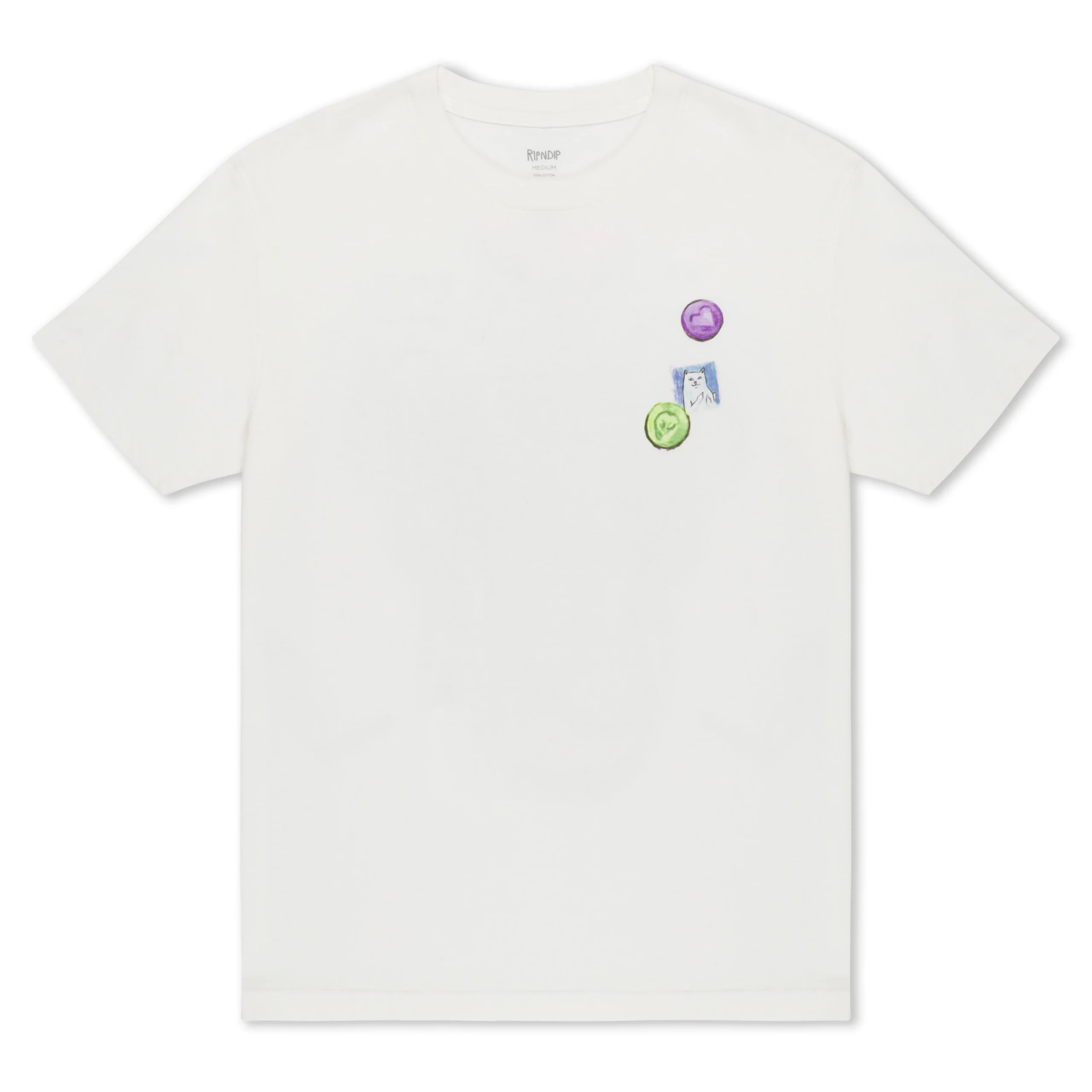 The Vitamins Tee - Bone is a plain white short-sleeve t-shirt with three small graphic patches—purple, green, and blue with a face sketch—on the left chest, adding unique flair to your Tallinn shopping finds or gift shop treasures. Gate21.ee