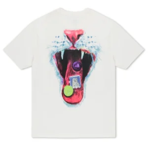 The Vitamins Tee - Bone is a white T-shirt featuring an open animal mouth with sharp teeth and a red tongue, displaying a purple pill, green pill, and a small piece of paper with a cat drawing—a creative take on Estonian design. Gate21.ee