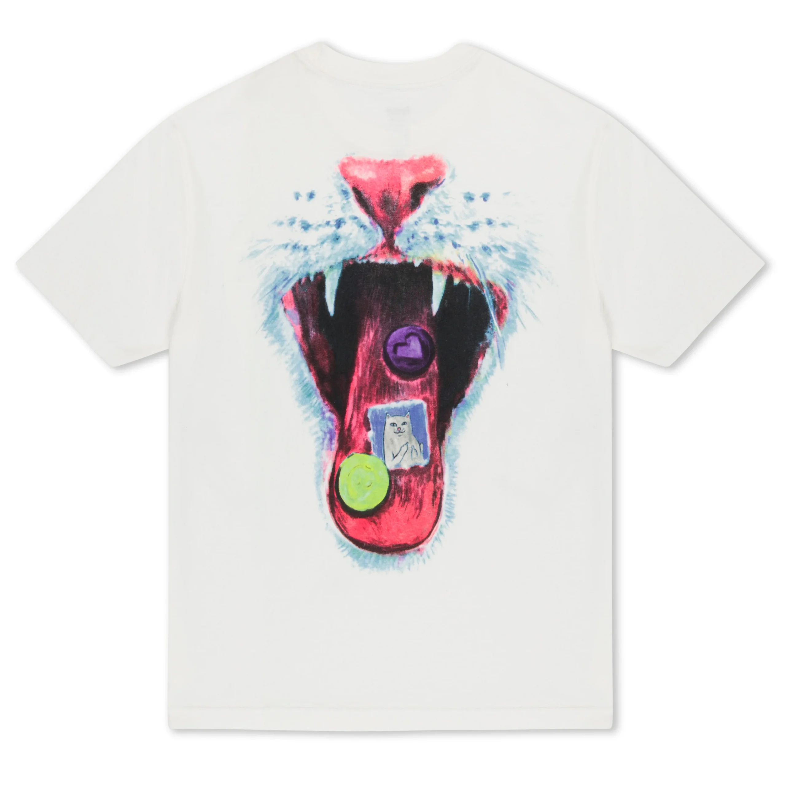 The Vitamins Tee - Bone is a white T-shirt featuring an open animal mouth with sharp teeth and a red tongue, displaying a purple pill, green pill, and a small piece of paper with a cat drawing—a creative take on Estonian design. Gate21.ee
