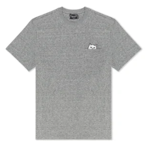 The Lord Nermal Pocket Tee - Heather Grey features a small white cartoon cat peeking from the left chest pocket, offering playful Estonian design perfect for shopping in Tallinn. Gate21.ee