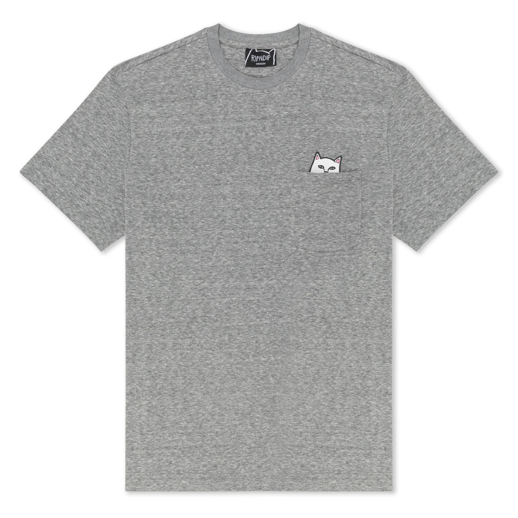 The Lord Nermal Pocket Tee - Heather Grey features a small white cartoon cat peeking from the left chest pocket, offering playful Estonian design perfect for shopping in Tallinn. Gate21.ee