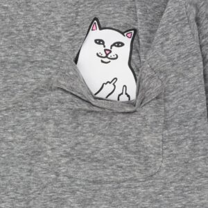 The Lord Nermal Pocket T-Shirt - Heather Grey features a pocket with a drawing of a smiling white cat flipping both middle fingers, accented by pink ears and nose—perfect for curated wardrobes or unique Tallinn shopping finds. Gate21.ee