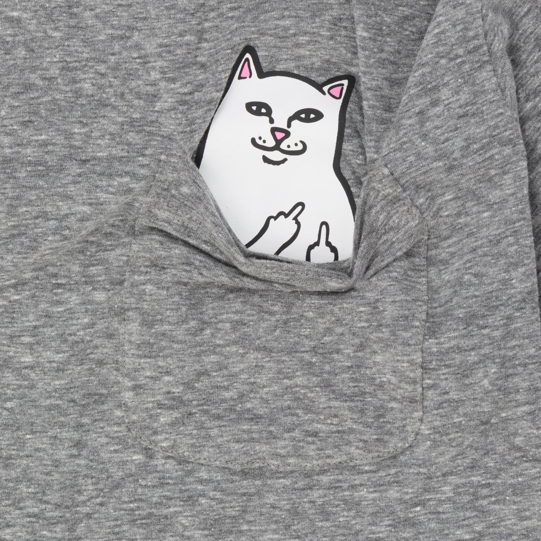 The Lord Nermal Pocket T-Shirt - Heather Grey features a pocket with a drawing of a smiling white cat flipping both middle fingers, accented by pink ears and nose—perfect for curated wardrobes or unique Tallinn shopping finds. Gate21.ee