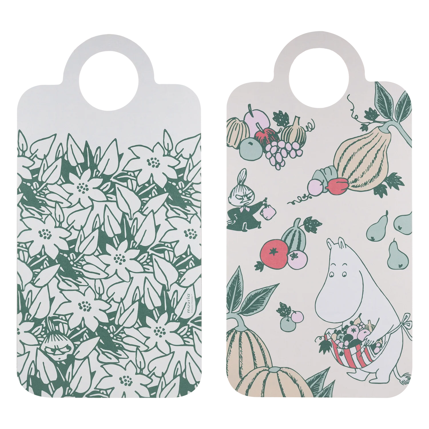 The Moomin chopping and serving boards - Seasonal Delicacies set includes two handled boards: one with a green floral pattern hiding cartoon characters, and one with Moomins among fruit and vegetables on a beige background. Gate21.ee