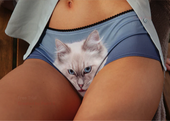 A person models Scepticat Knickers—blue underwear featuring a realistic cat face on the front. The midriff and upper thighs are visible beneath a partly open shirt, offering a playful touch from this concept store collection. Gate21.ee