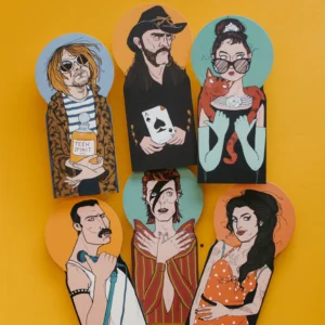 An illustration of six stylised figures on a yellow background from the "Freddie & Friends Postcards - K&Otilde;IK"&mdash;each with unique outfits, arranged in two rows, ideal for sparking creative Tallinn shopping or gift shop ideas. Gate21.ee