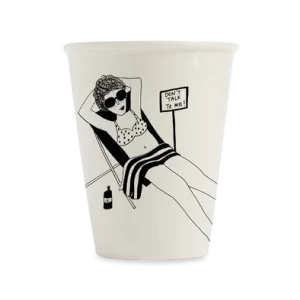 The Don’t talk to me Mug is a white mug with a black line drawing of a woman in sunglasses and a spotty bikini lounging by her drink, next to the phrase “DON’T TALK TO ME!”—perfect for fans of quirky, unique concepts. Gate21.ee