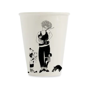 The Mum Life Cup is a white mug featuring a black line drawing of an exasperated mum surrounded by children and a dog, capturing the chaos of motherhood with curated Estonian design. Gate21.ee