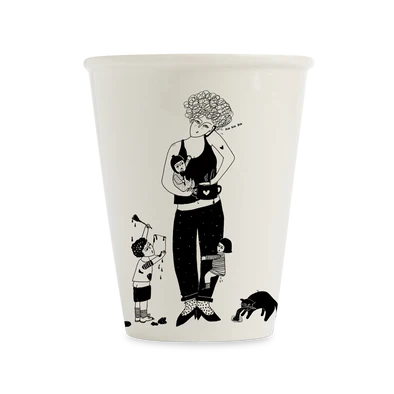 The Mum Life Cup is a white mug featuring a black line drawing of an exasperated mum surrounded by children and a dog, capturing the chaos of motherhood with curated Estonian design. Gate21.ee