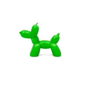 A green Balloon Dog Candle stands on a white background with a subtle shadow beneath it—ideal for adding playful charm to any concept shop or gift shop display. Gate21.ee