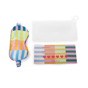 The Eye Mask – Multicolour Stripes, a clear zippered pouch, and a vibrant “with love” card are displayed together—chic essentials inspired by Estonian design, ideal for gifting or curating your own concept shop collection. Gate21.ee