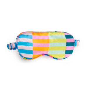 The Eye Mask – Multicolour Stripes features vibrant blue, yellow, pink, and green stripes plus an adjustable strap—an eye-catching addition to any gift shop. Shown on a white background. Gate21.ee