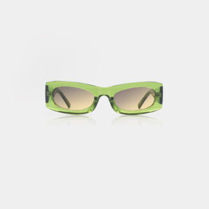 FRIDA - Light Olive: rectangular sunglasses with translucent green frames and brown gradient lenses, shown on a white background&mdash;an ideal pick for unique gift ideas from our shop. Gate21.ee