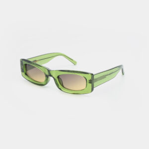 FRIDA - Light Olive: Green rectangular sunglasses with thick translucent light olive frames and brown graduated lenses, inspired by Estonian design&mdash;perfect for any stylish gift shop collection. Displayed on a white background. Gate21.ee