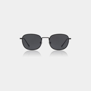HELLO - Black sunglasses feature black frames, rectangular lenses, and slim arms in a sleek Estonian design. Shown on a white background—ideal for shopping in Tallinn or as a chic pick from a local gift shop. Gate21.ee