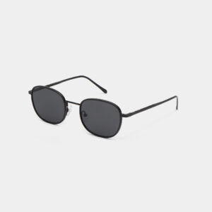 HELLO - Black: Sleek black sunglasses with rectangular lenses and slim black frames, designed for a modern concept shop and showcased against a white background. Gate21.ee