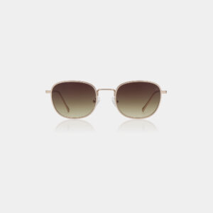 HELLO - Matte Gold: Square-shaped sunglasses featuring thin matte gold metal frames and graduated brown lenses, showcased on a white background—an Estonian design-inspired piece. Gate21.ee