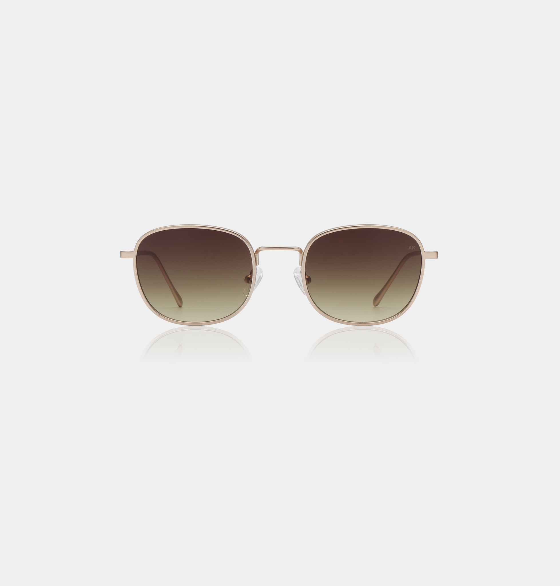 HELLO - Matte Gold: Square-shaped sunglasses featuring thin matte gold metal frames and graduated brown lenses, showcased on a white background—an Estonian design-inspired piece. Gate21.ee