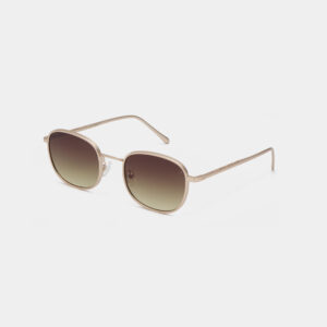 The HELLO - Matte Gold sunglasses feature square-shaped thin gold metal frames and graduated brown lenses, showcasing Estonian design against a plain white background. Gate21.ee