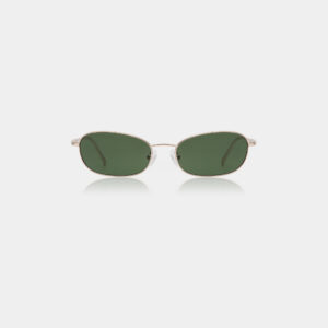 The JACK - Gold sunglasses, featuring thin metallic frames and green-tinted rectangular lenses, are displayed on a plain white background—an ideal curated accessory for those with a modern sense of style. Gate21.ee