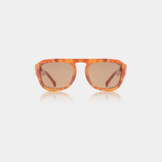 The MAX - Burnt Amber sunglasses feature rectangular brown-tinted lenses and an orange tortoiseshell frame inspired by Estonian design, shown against a plain white background. Gate21.ee