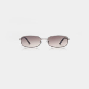 The NOAH - Silver Striped Horn features rectangular sunglasses with thin metal frames and dark gradient lenses, inspired by Estonian design, displayed facing forwards on a plain white background. Gate21.ee