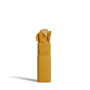 The Bini Cutlery Kit - Yellow, a portable set with fork, knife, spoon, and chopsticks in a matching case, is displayed upright against a plain white background. Gate21.ee