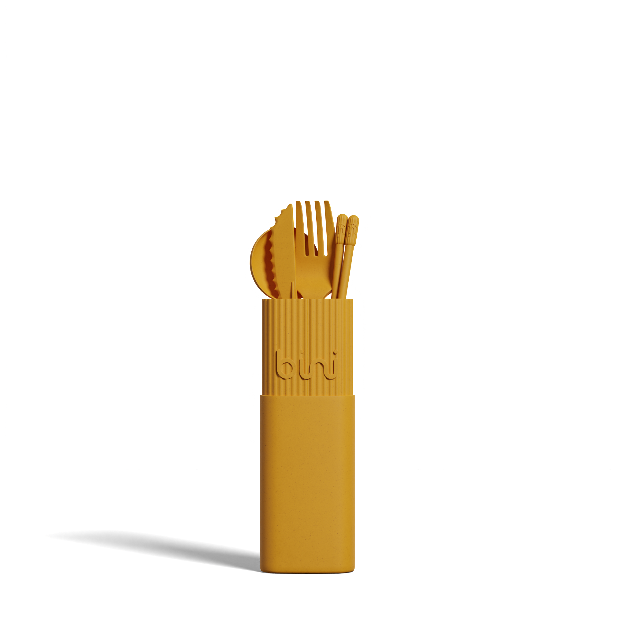 The Bini Cutlery Kit - Yellow, a portable set with fork, knife, spoon, and chopsticks in a matching case, is displayed upright against a plain white background. Gate21.ee