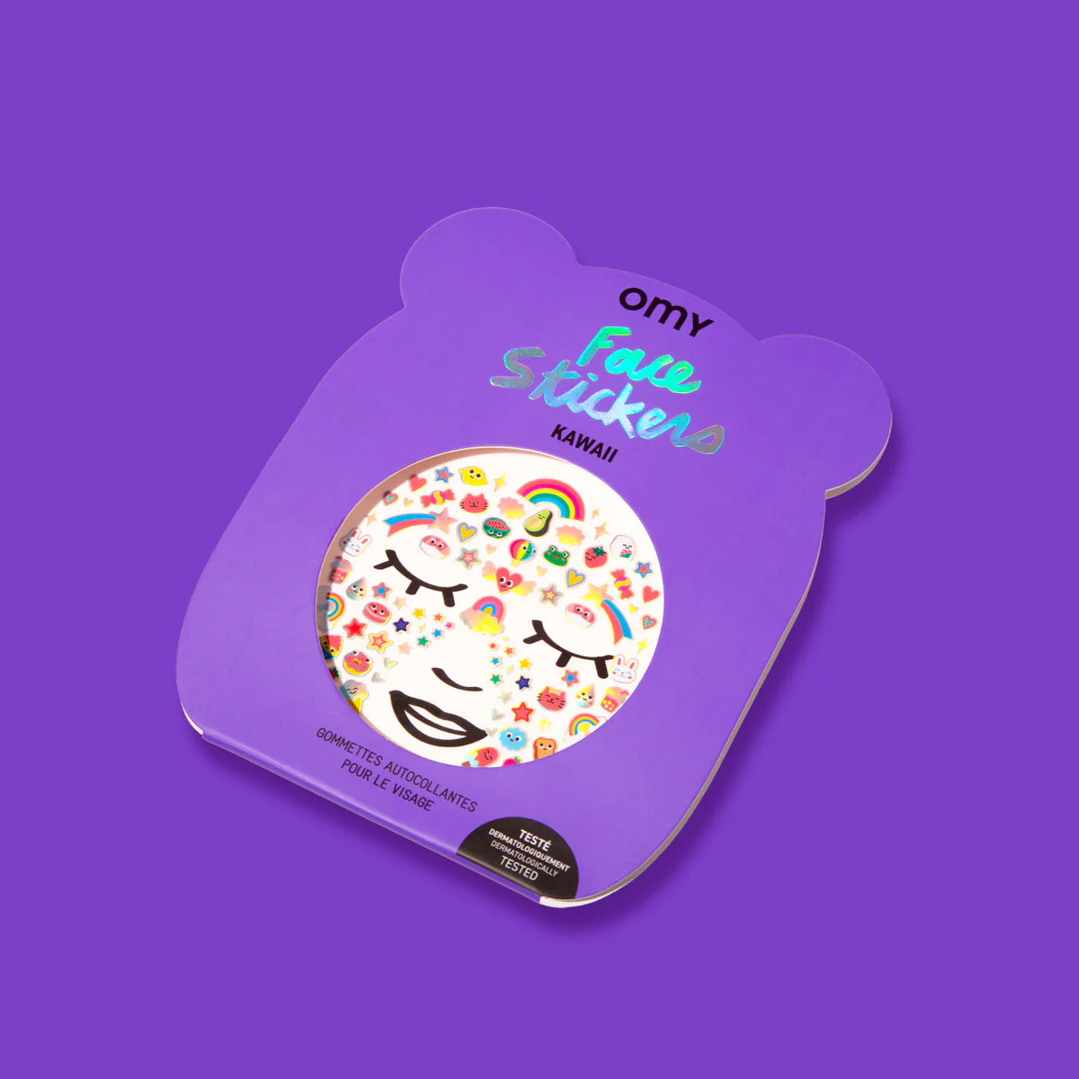 Kawaii - Face Stickers: A bear-shaped pack with a window reveals colourful face stickers on an illustrated face—perfect for playful Estonian design fans and Tallinn shoppers. Set against a solid purple background. Gate21.ee