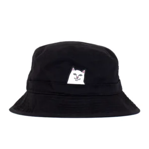 The Lord Nermal Bucket Hat in black showcases an embroidered patch of a white cartoon cat with a pink nose and bold black outline, placed just above the brim—an ideal choice for fans of playful streetwear or those who love iconic RIPNDIP accessories like the classic Lord Alienl beanie. Gate21.ee