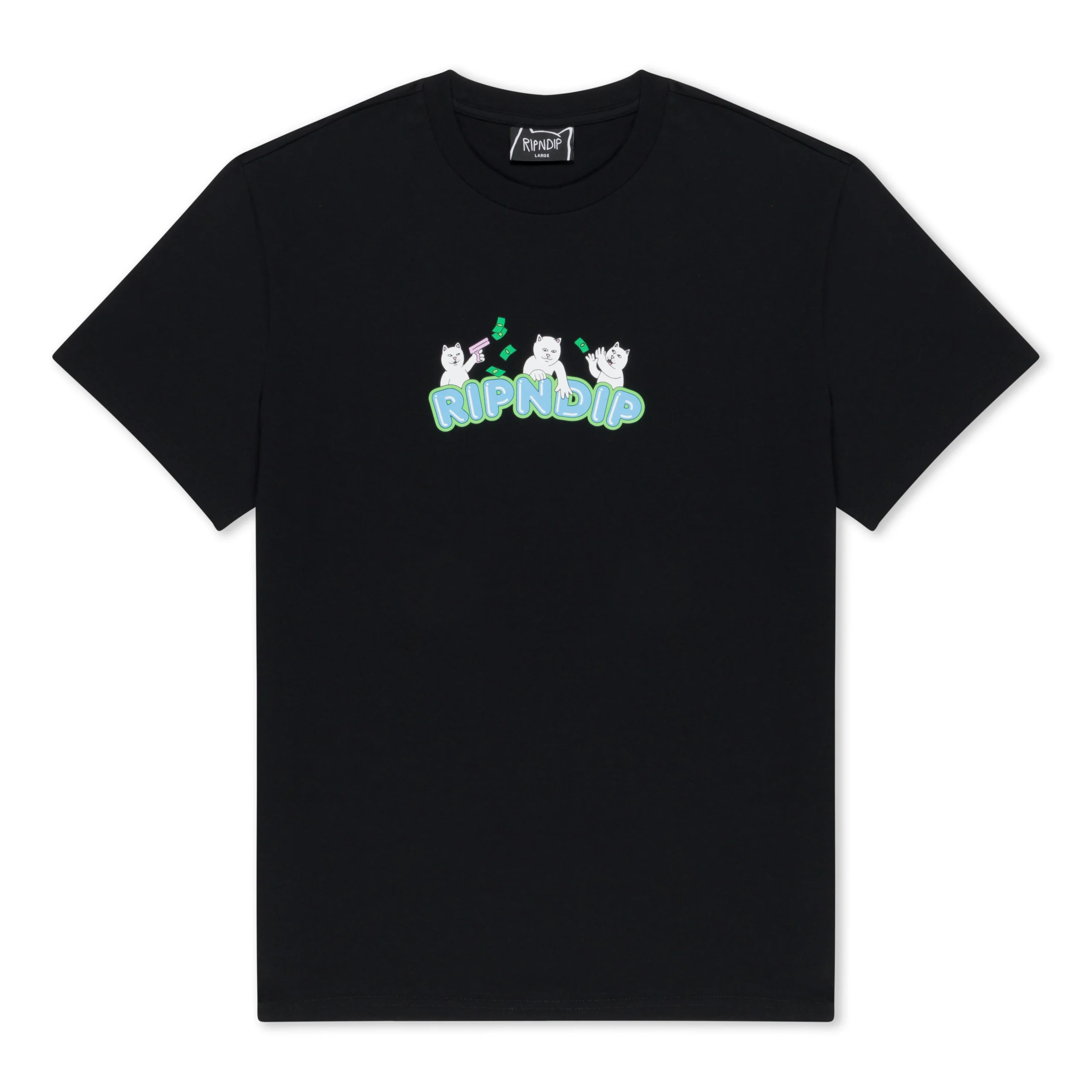 The Club Cream Tee - Black features three illustrated white cats above RIPNDIP in bubble letters and a floating banknote—perfect for anyone seeking a playful, standout gift or unique style. Gate21.ee