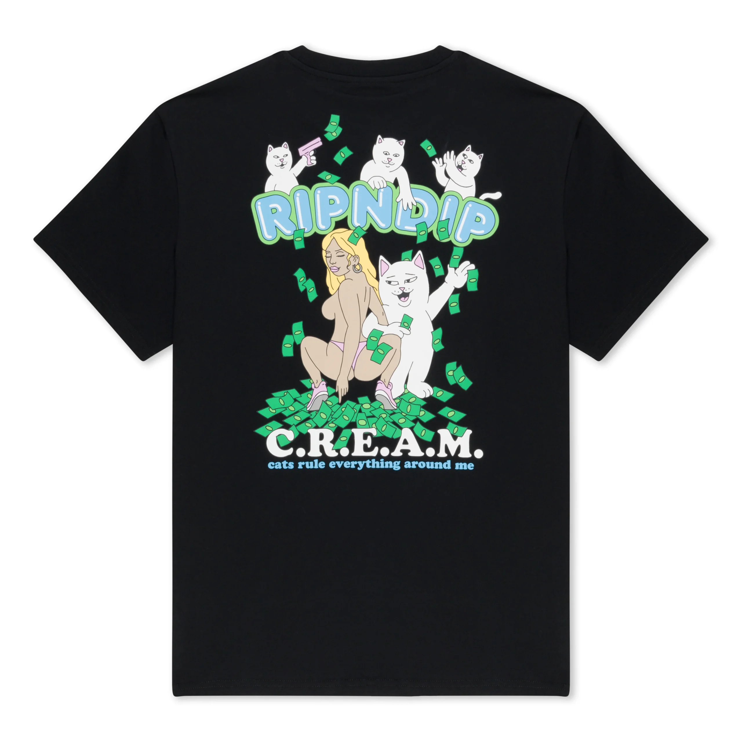 The Club Cream Tee - Black showcases a cartoon woman with five white cats and money, plus "RIPNDIP" on top and "C.R.E.A.M. cats rule everything around me" below. Perfect for Tallinn shopping trips. Gate21.ee