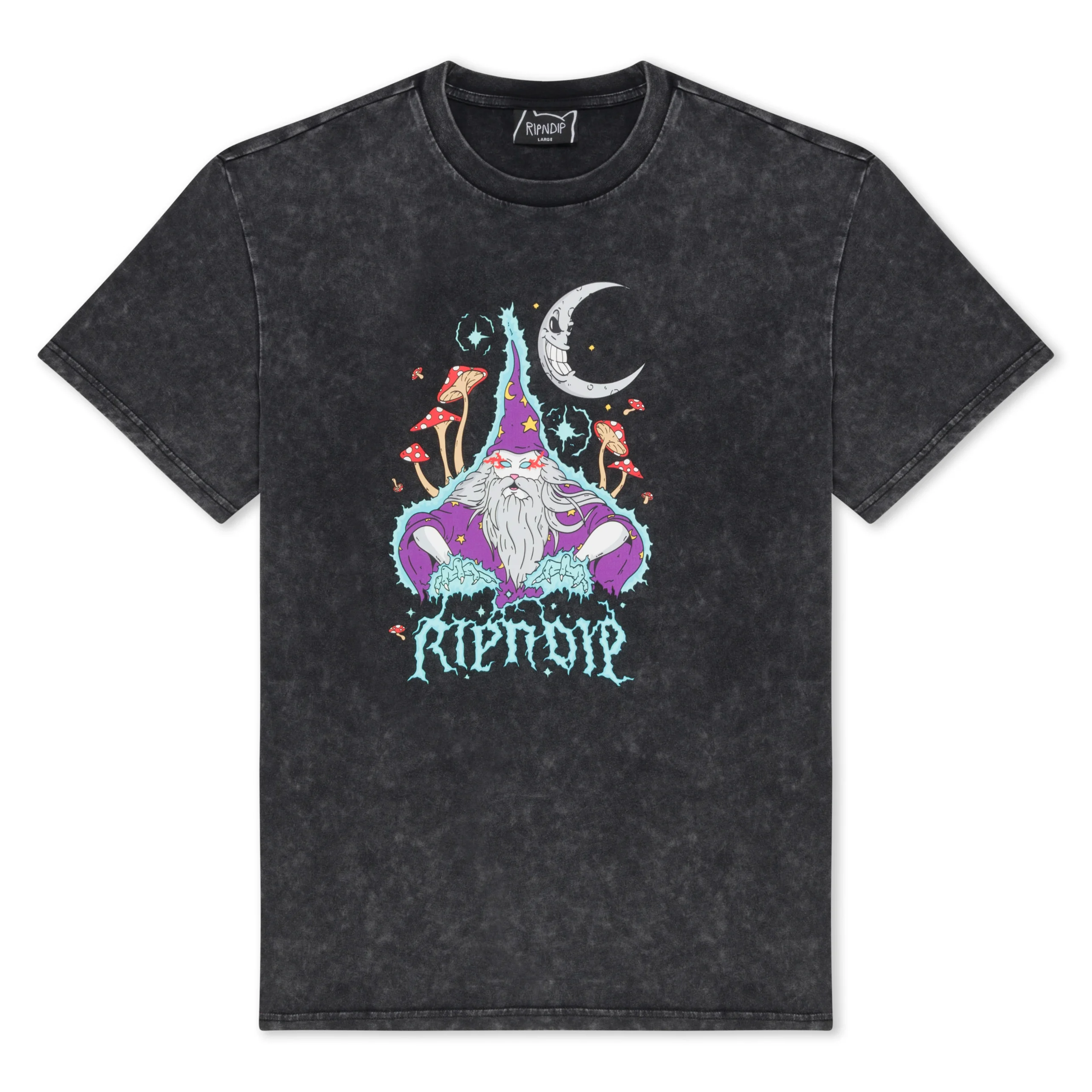 The Oracle Tee - Black Wash is a mystical Estonian t-shirt with a wizard, long beard, vibrant mushrooms, crescent moon, and “Ritual” text—ideal for gift shops or concept stores. Gate21.ee