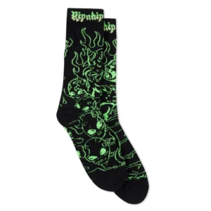Horntail Athletic Socks - Black feature bright green graphic designs inspired by Estonian art, with stylised flames and cartoon-like creatures. "RIPNDIP" is displayed in green at the top of each sock. Gate21.ee