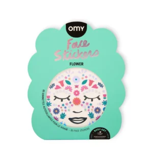 A pack of Flower - Face Stickers features a turquoise background with a round window showing colourful floral designs—ideal for gift shops or anyone looking for creative self-expression. Gate21.ee