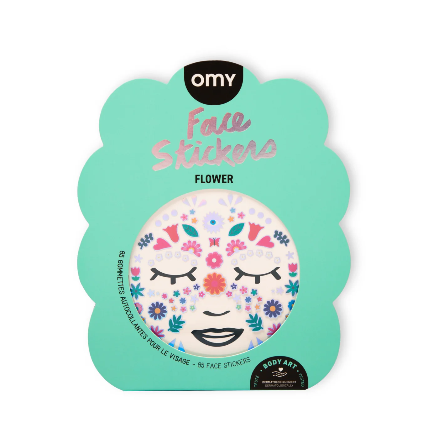 A pack of Flower - Face Stickers features a turquoise background with a round window showing colourful floral designs—ideal for gift shops or anyone looking for creative self-expression. Gate21.ee