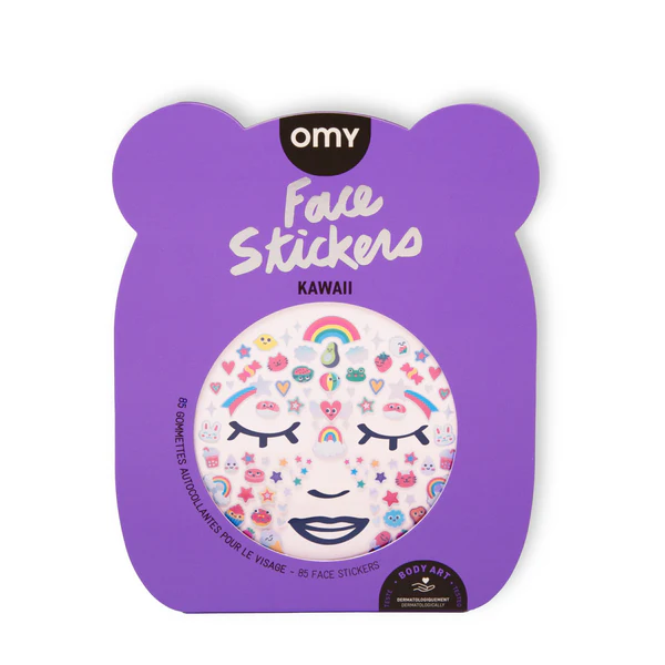 A bear-shaped purple package labelled "Kawaii - Face Stickers" features a circular window with colourful hearts, rainbows, and stars. An Estonian design—great for Tallinn shopping or gifting. Contains 85 stickers. Gate21.ee