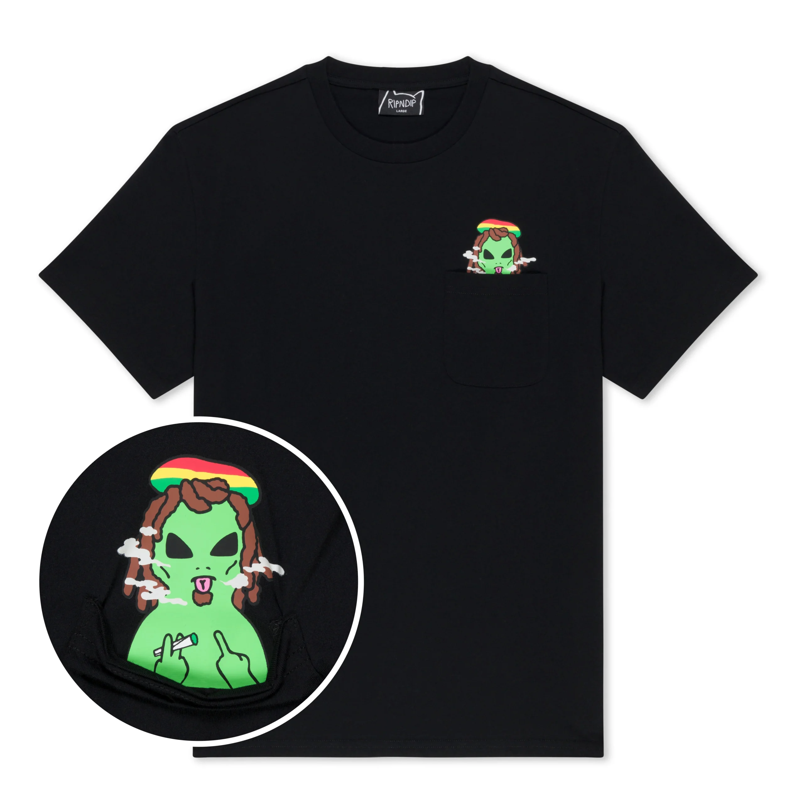 The Smoking Rasta Alien Pocket Tee - Black features a front pocket with a cartoon green alien wearing a beanie, smoking, and sporting dreadlocks. A circular inset shows an enlarged view of the graphic—a standout piece for unique style seekers. Gate21.ee
