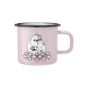 The Together - Moomin pink enamel mug 3.7dl features two Moomin characters sitting together on pink flowers, with a light pink finish and black rim—an adorable choice for curated gift shops or concept stores. Gate21.ee